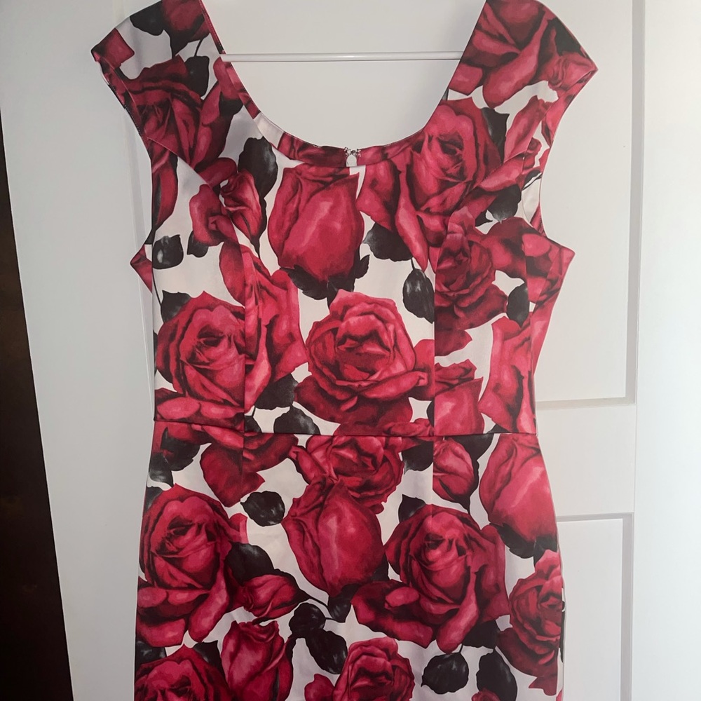 Satin Dress White House Black Market retro 50's style black red flowers sz 10